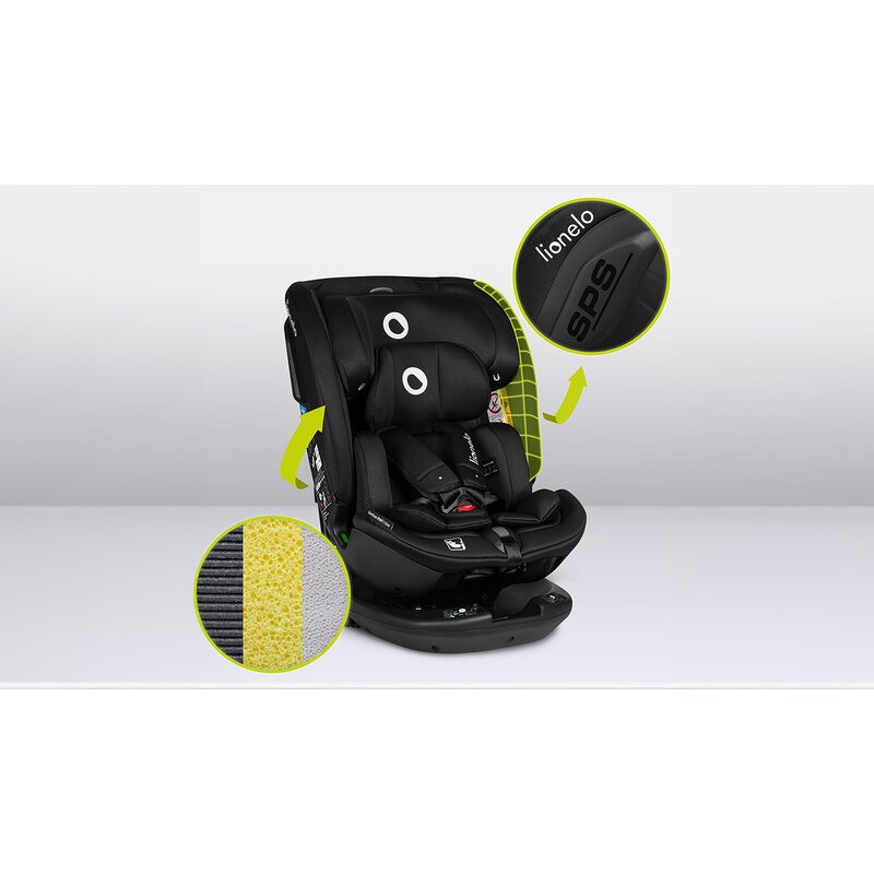 Scaun auto, Lionelo, Bastiaan RWF i-Size, Pozitie de somn, Protectie laterala, Rotire 360 grade, 0-36 Kg, Cu Isofix si Centura Top Tether, Conform cu standardul european de securitate ECE R129, Negru