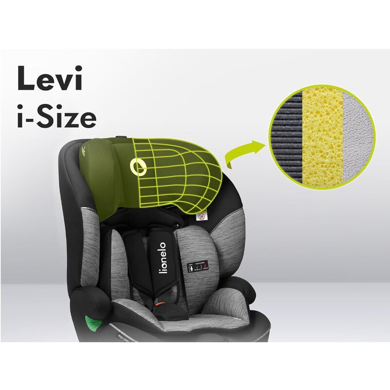 Scaun auto, Lionelo, Levi One i-Size, Universal, Instalare FWF, Cu tetiera reglabila in 10 pozitii, Cu spatar detasabil, 76-150 cm, Conform cu R129, Gri