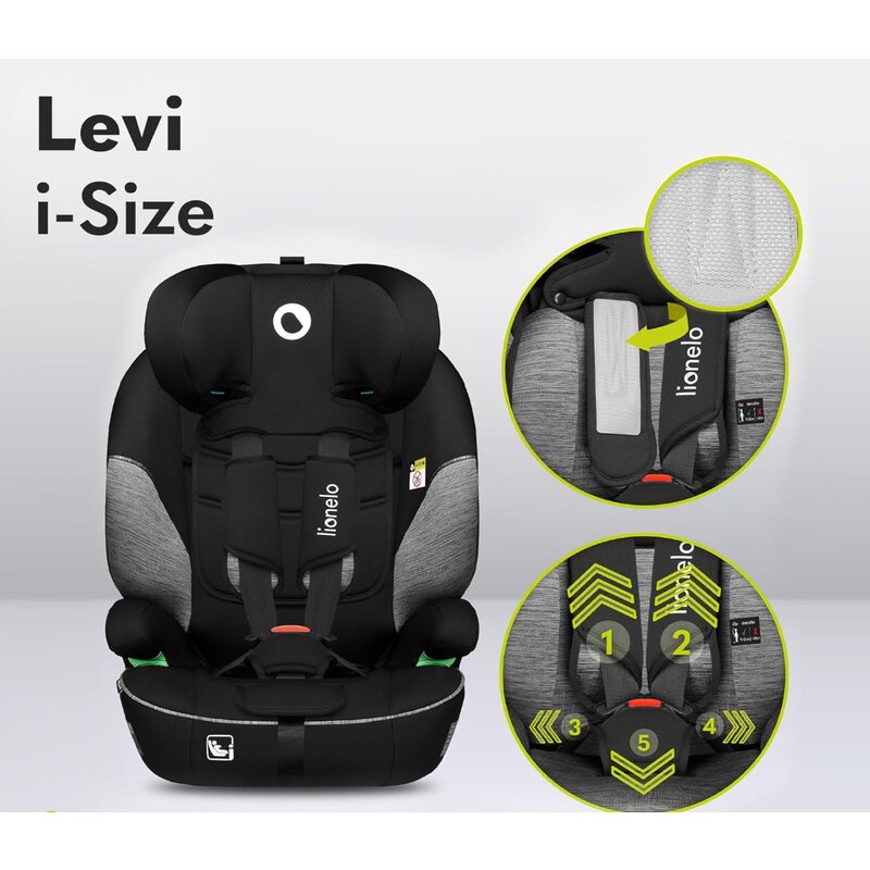 Scaun auto, Lionelo, Levi One i-Size, Universal, Instalare FWF, Cu tetiera reglabila in 10 pozitii, Cu spatar detasabil, 76-150 cm, Conform cu R129, Gri