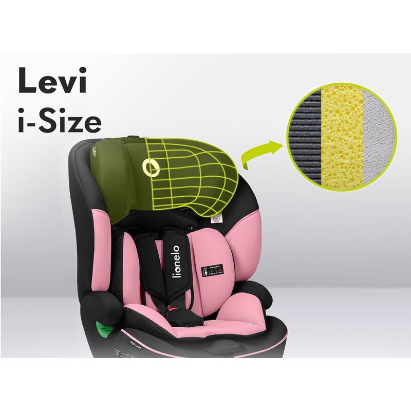 Scaun auto, Lionelo, Levi One i-Size, Universal, Instalare FWF, Cu tetiera reglabila in 10 pozitii, Cu spatar detasabil, 76-150 cm, Conform cu R129, Roz