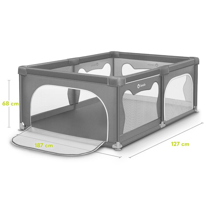 Tarc de joaca copii, Lionelo, Willow, 127 x 187 cm, Pliere compacta, Include geanta de transport, Din plasa, Cu doua intrari laterale si fermoar, Cu ventuze pentru stabilitate, Conform cu EN 12227:2010, Gri