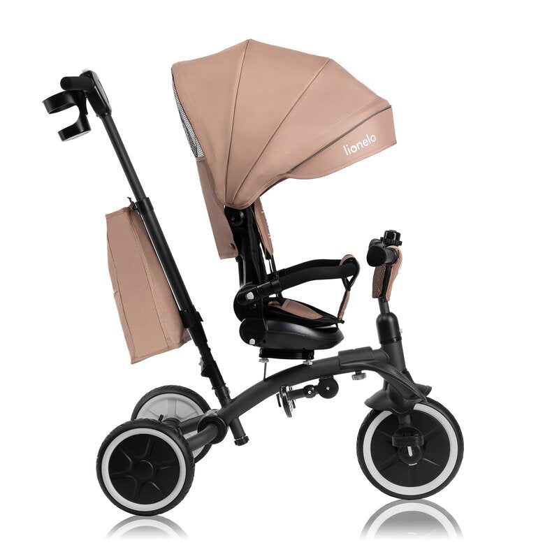 Tricicleta copii, Lionelo, Tris Plus, Ultrapliabila, Multifunctionala, Pana la 25 kg, Inclinare spatar in fata si in spate, Suport picioare, Control al directiei, Scaun reversibil, Rotire 360 grade, Conform cu EN71, 9 luni-5 ani, Bej