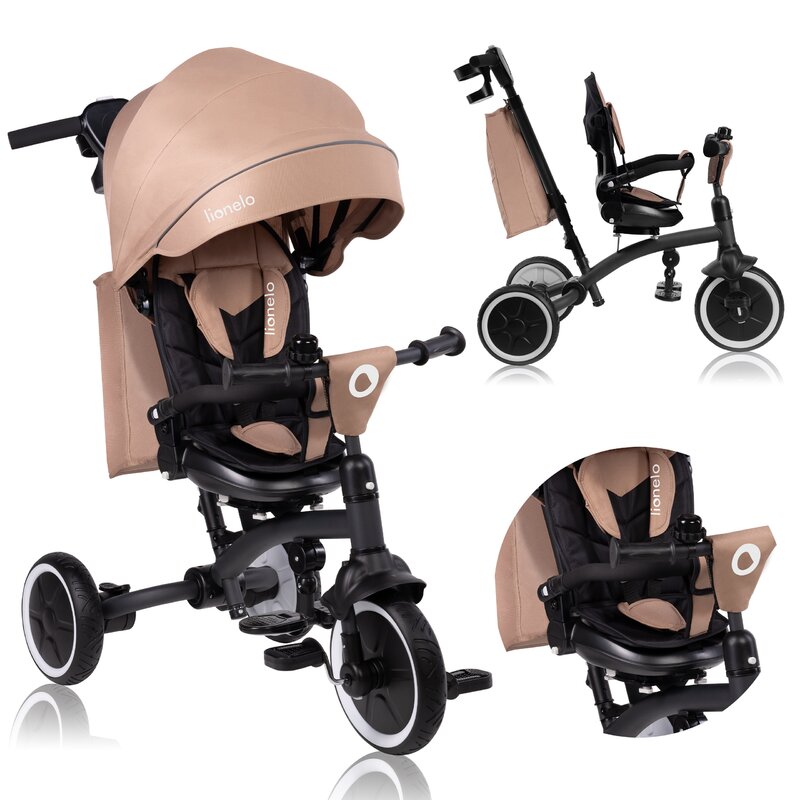 Tricicleta copii, Lionelo, Tris Plus, Ultrapliabila, Multifunctionala, Pana la 25 kg, Inclinare spatar in fata si in spate, Suport picioare, Control al directiei, Scaun reversibil, Rotire 360 grade, Conform cu EN71, 9 luni-5 ani, Bej