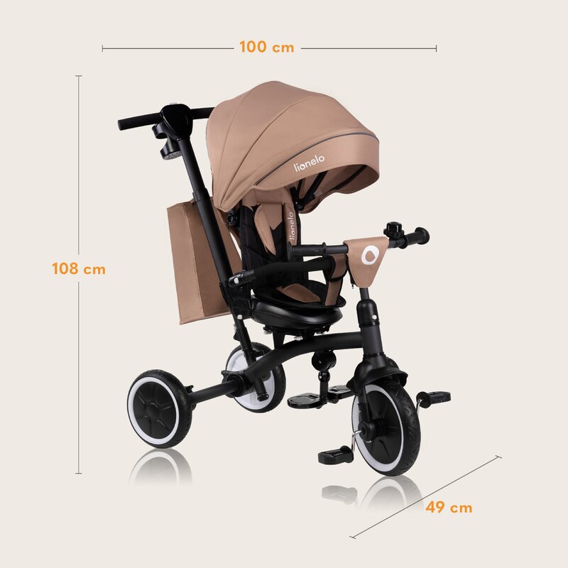Tricicleta copii, Lionelo, Tris Plus, Ultrapliabila, Multifunctionala, Pana la 25 kg, Inclinare spatar in fata si in spate, Suport picioare, Control al directiei, Scaun reversibil, Rotire 360 grade, Conform cu EN71, 9 luni-5 ani, Bej