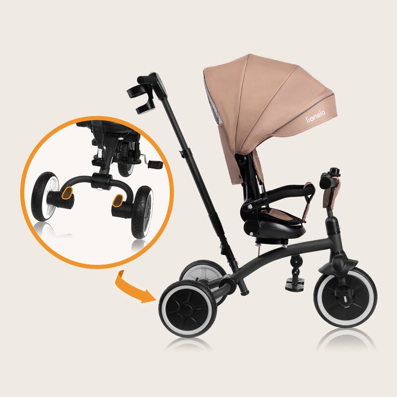 Tricicleta copii, Lionelo, Tris Plus, Ultrapliabila, Multifunctionala, Pana la 25 kg, Inclinare spatar in fata si in spate, Suport picioare, Control al directiei, Scaun reversibil, Rotire 360 grade, Conform cu EN71, 9 luni-5 ani, Bej
