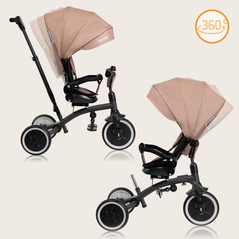 Tricicleta copii, Lionelo, Tris Plus, Ultrapliabila, Multifunctionala, Pana la 25 kg, Inclinare spatar in fata si in spate, Suport picioare, Control al directiei, Scaun reversibil, Rotire 360 grade, Conform cu EN71, 9 luni-5 ani, Bej
