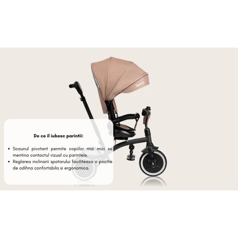 Tricicleta copii, Lionelo, Tris Plus, Ultrapliabila, Multifunctionala, Pana la 25 kg, Inclinare spatar in fata si in spate, Suport picioare, Control al directiei, Scaun reversibil, Rotire 360 grade, Conform cu EN71, 9 luni-5 ani, Bej