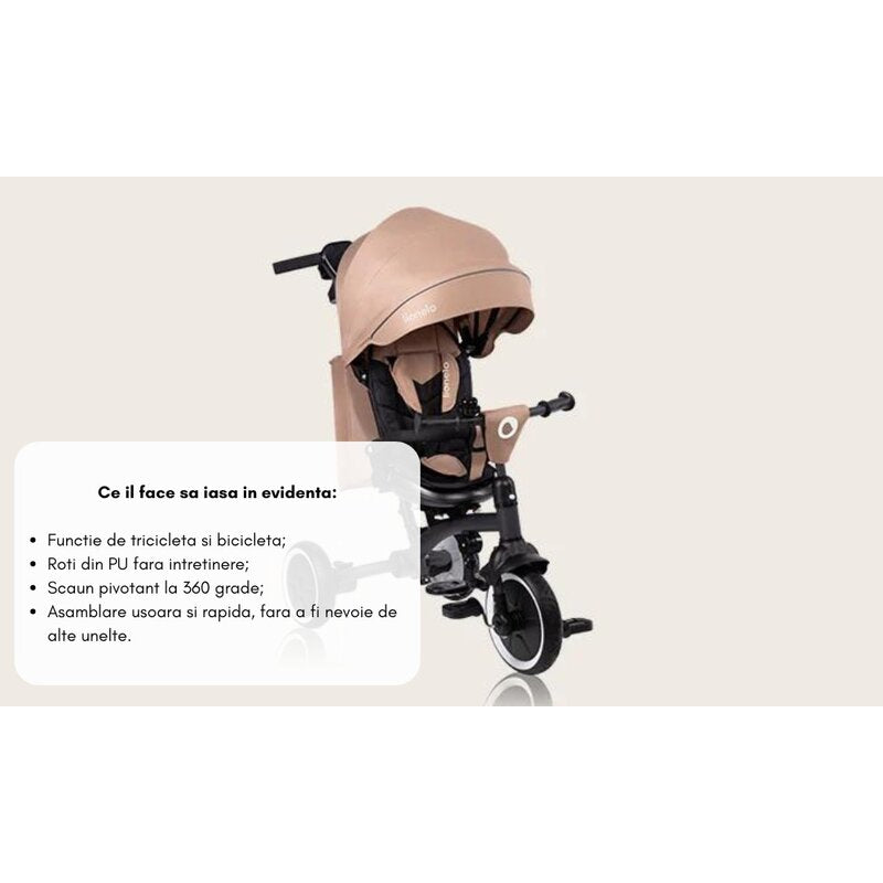 Tricicleta copii, Lionelo, Tris Plus, Ultrapliabila, Multifunctionala, Pana la 25 kg, Inclinare spatar in fata si in spate, Suport picioare, Control al directiei, Scaun reversibil, Rotire 360 grade, Conform cu EN71, 9 luni-5 ani, Bej