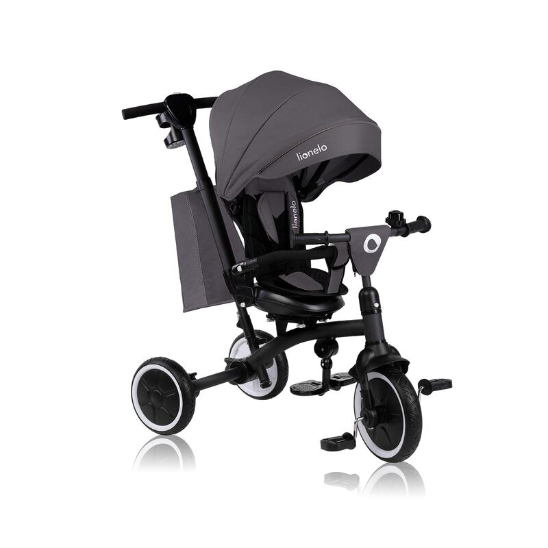 Tricicleta copii, Lionelo, Tris Plus, Ultrapliabila, Multifunctionala, Pana la 25 kg, Inclinare spatar in fata si in spate, Suport picioare, Control al directiei, Scaun reversibil, Rotire 360 grade, Conform cu EN71, 9 luni-5 ani, Gri