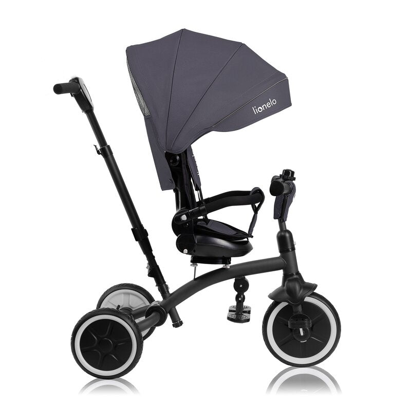 Tricicleta copii, Lionelo, Tris Plus, Ultrapliabila, Multifunctionala, Pana la 25 kg, Inclinare spatar in fata si in spate, Suport picioare, Control al directiei, Scaun reversibil, Rotire 360 grade, Conform cu EN71, 9 luni-5 ani, Gri