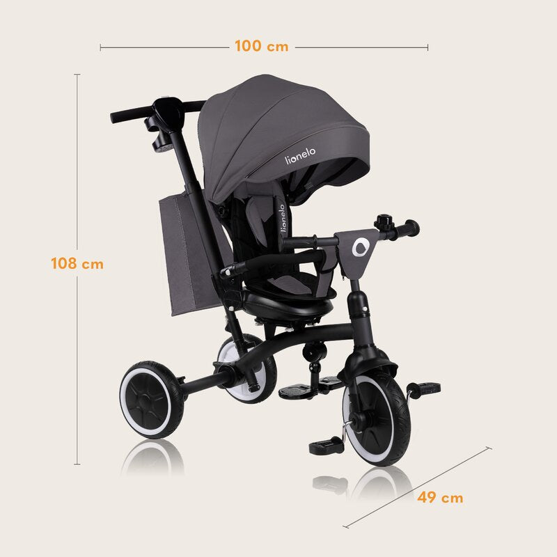 Tricicleta copii, Lionelo, Tris Plus, Ultrapliabila, Multifunctionala, Pana la 25 kg, Inclinare spatar in fata si in spate, Suport picioare, Control al directiei, Scaun reversibil, Rotire 360 grade, Conform cu EN71, 9 luni-5 ani, Gri