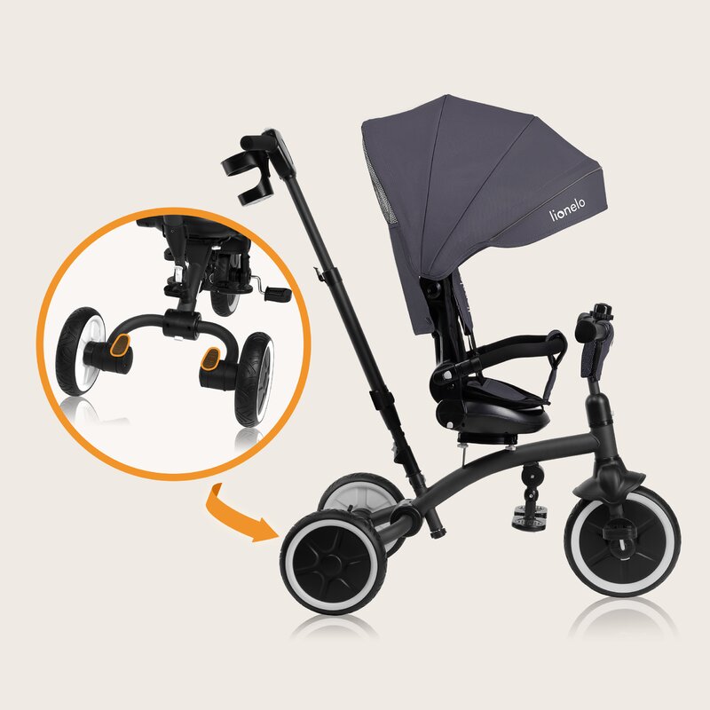 Tricicleta copii, Lionelo, Tris Plus, Ultrapliabila, Multifunctionala, Pana la 25 kg, Inclinare spatar in fata si in spate, Suport picioare, Control al directiei, Scaun reversibil, Rotire 360 grade, Conform cu EN71, 9 luni-5 ani, Gri