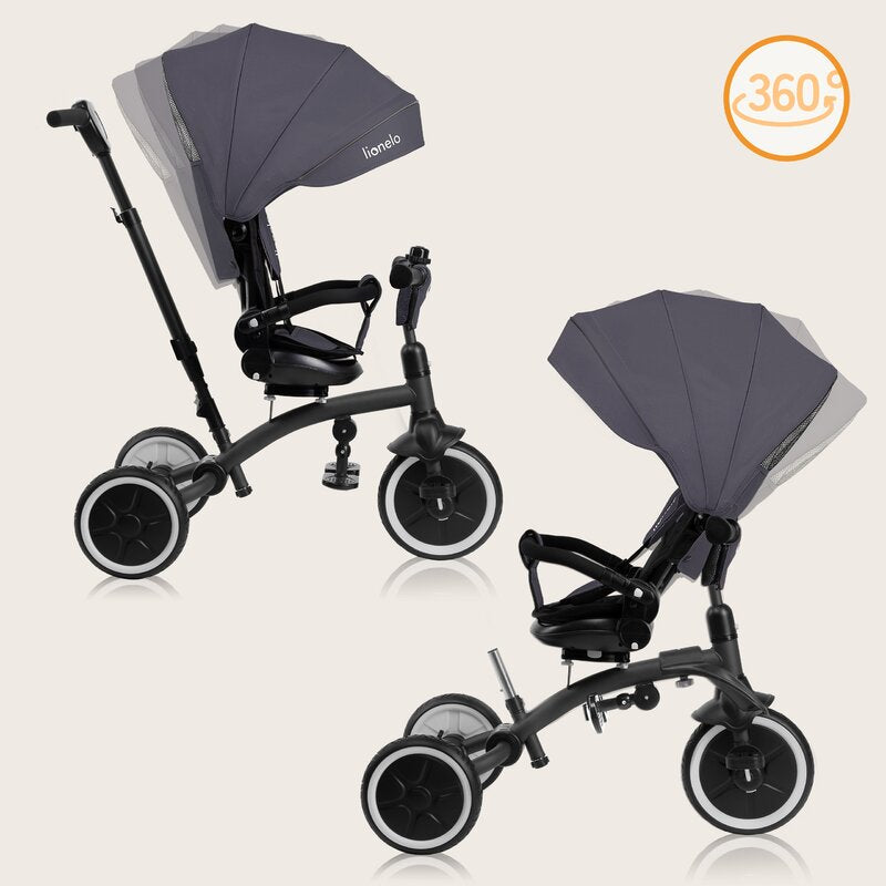 Tricicleta copii, Lionelo, Tris Plus, Ultrapliabila, Multifunctionala, Pana la 25 kg, Inclinare spatar in fata si in spate, Suport picioare, Control al directiei, Scaun reversibil, Rotire 360 grade, Conform cu EN71, 9 luni-5 ani, Gri