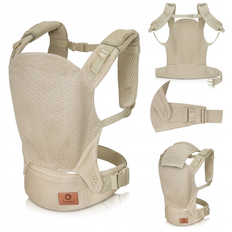 Marsupiu ergonomic, Lionelo, Margareet Air, 3 pozitii de purtare, Certificat de Institutul International pentru Displazie de Sold, 4 luni+, Pana la 20 Kg, Material respirabil 3D Air Mesh, Catarama dubla de siguranta, Bej