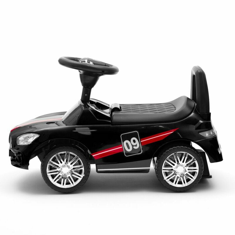 Masinuta de impins, Baby Mix, Racer, Pana la 25 kg, Cu volan, Cu sunete, Cu suport jucarii sub sezut si spatar confortabil, 12 luni+, Black