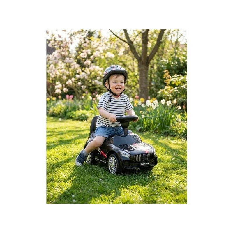 Masinuta de impins, Baby Mix, Racer, Pana la 25 kg, Cu volan, Cu sunete, Cu suport jucarii sub sezut si spatar confortabil, 12 luni+, Black