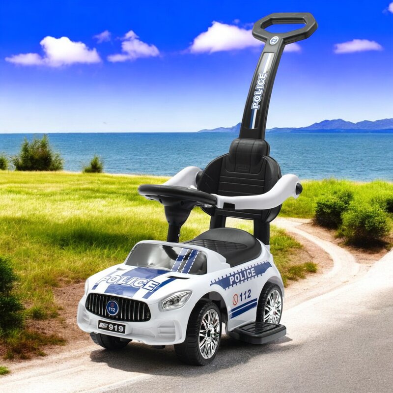 Masinuta de impins, Baby Mix, Police, Cu maner de impins detasabil, Cu protectii laterale, Cu melodii si claxon, Cu suport jucarii sub sezut