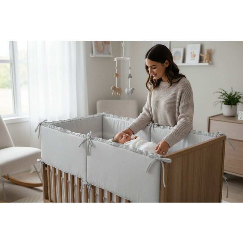 Aparatoare pentru patut, MimiNu, Cu volanase, Din bumbac certificat Oeko Tex Standard 100, 180x30 cm, Cu panglici, Colectia Royal,Grey