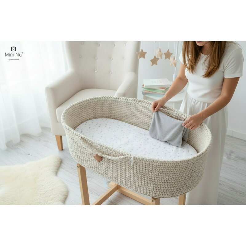Cearceaf cu elastic, MimiNu, Pentru landou, carucior si cosulet, Dimensiune 80x35 cm, Din bumbac certificat Oeko Tex Standard 100, Mini Gray Stars