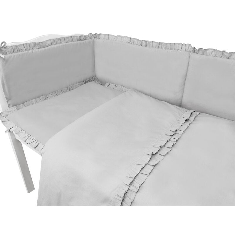 Lenjerie patut cu 3 piese, MimiNu, Pentru patut 120x60 cm, Cu volanase, Cu protectie laterala, Din bumbac certificat Oeko Tex Standard 100, Colectia Royal, Grey