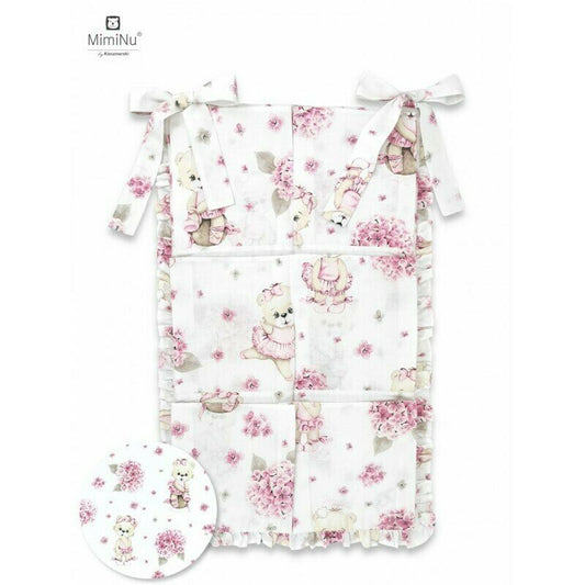 Organizator pentru patut, MimiNu, Din bumbac certificat Oeko Tex Standard 100, Cu 6 compartimente, Doua panglici, 70x40 cm, Cu volanase, Design, Pink Ballerina