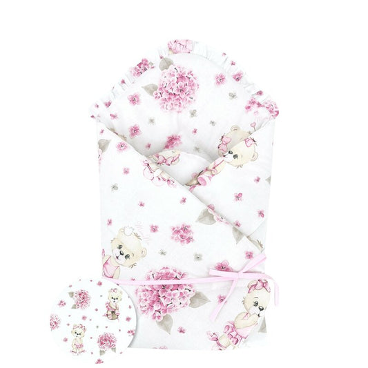 Paturica de infasat, MimiNu, Cu panglica, Cu multiple utilizari, Cu inchidere arici velcro, Dimensiune 75x75 cm, Din bumbac certificat Oeko Tex Standard 100, Design, Pink Ballerina