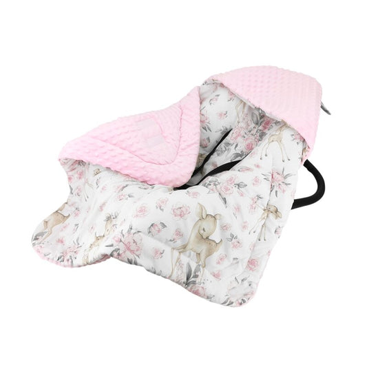 Paturica calduroasa de infasat, MimiNu, Pentru scoica, scaun auto/carucior, Cu gluga si urechi, Cu sistem de prindere pe baza de velcro, Dimensiune 90x90 cm, Din tesatura pufoasa Minky + Bumbac, Materiale certificate Oeko Tex Standard 100, Sweet Deer Pink