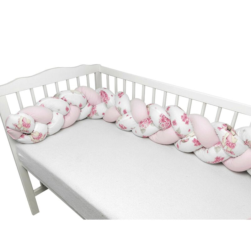 Protectie laterala, MimiNu, Pentru patut bebe, Tip Bumper impletit, Din bumbac, Din materiale certificate Oeko Tex Standard 100, Lungime 220 cm, Pink Ballerina