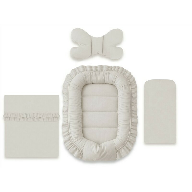 Set 4 in 1 Cosulet bebelus, MimiNu, Baby Cocoon 75x55 cm, Cu volanase, Husa bumbac, Din bumbac certificat Oeko Tex Standard 100, Cu paturica cu volanase 50x70 cm, Cu salteluta, Cu perna fluture, Colectia Royal, Beige