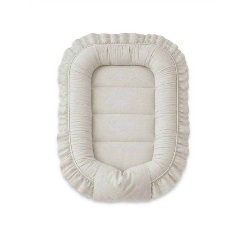 Set 4 in 1 Cosulet bebelus, MimiNu, Baby Cocoon 75x55 cm, Cu volanase, Husa bumbac, Din bumbac certificat Oeko Tex Standard 100, Cu paturica cu volanase 50x70 cm, Cu salteluta, Cu perna fluture, Colectia Royal, Beige