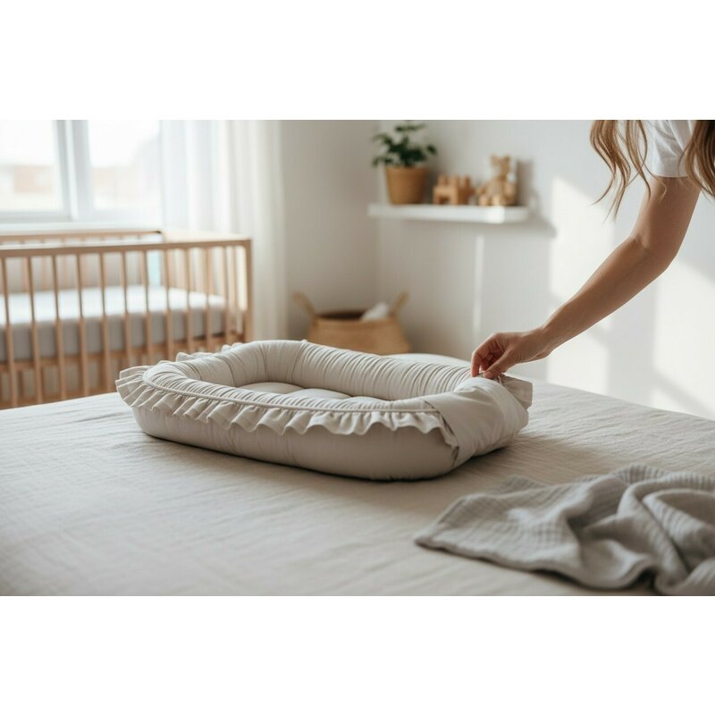 Set 4 in 1 Cosulet bebelus, MimiNu, Baby Cocoon 75x55 cm, Cu volanase, Husa bumbac, Din bumbac certificat Oeko Tex Standard 100, Cu paturica cu volanase 50x70 cm, Cu salteluta, Cu perna fluture, Colectia Royal, Beige