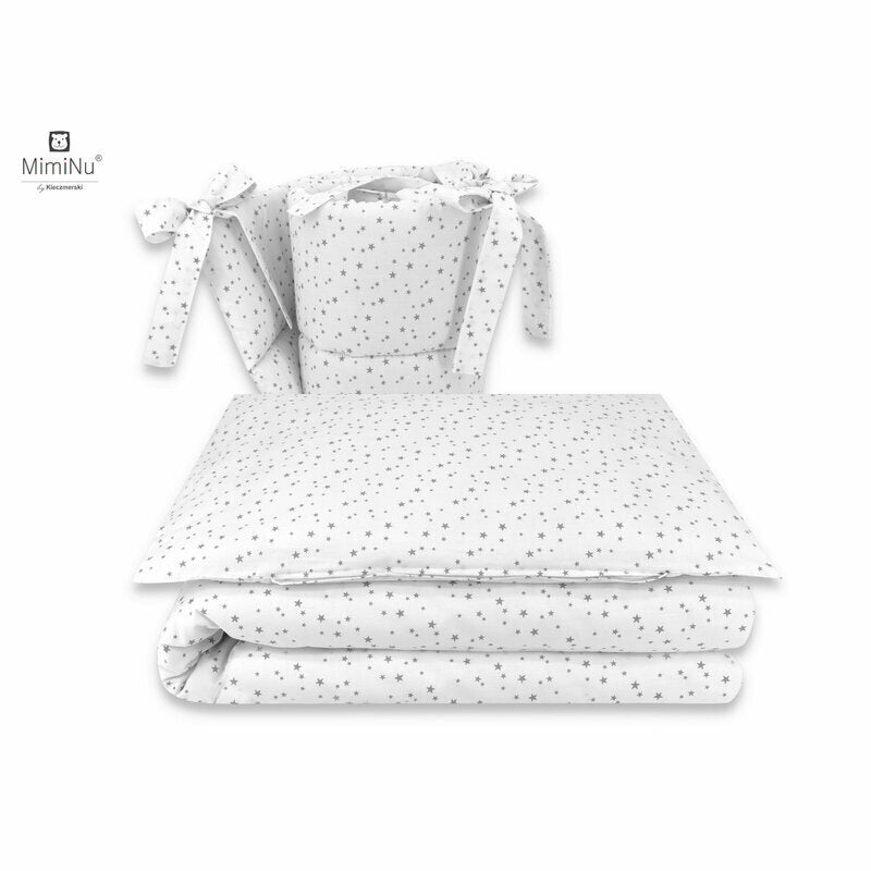 Lenjerie patut cu 5 piese, MimiNu, Pentru patut 120x60 cm, Cu pilota si perna, Din bumbac certificat Oeko Tex Standard 100, Mini Gray Stars