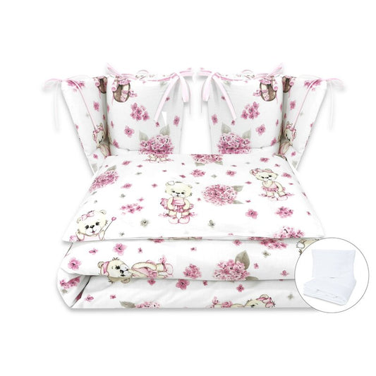 Lenjerie patut cu 6 piese, MimiNu, Pentru patut 120x60 cm, Cu pilota si perna, Cu doua aparatori laterale, Din bumbac certificat Oeko Tex Standard 100, Design, Pink Ballerina
