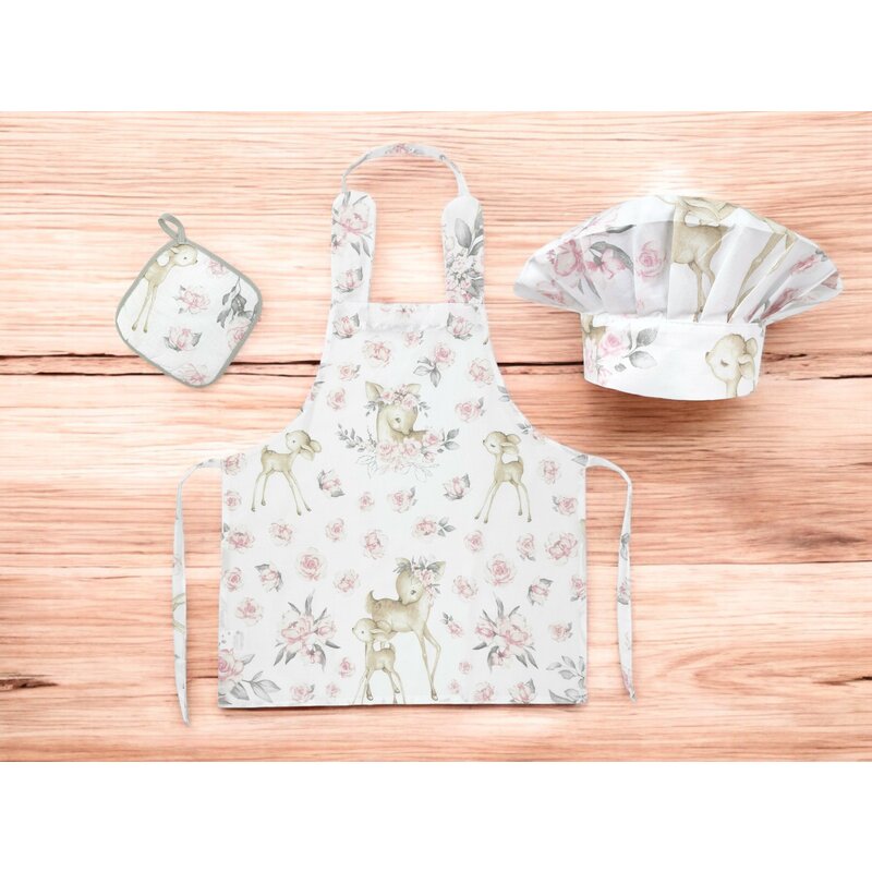 Set Micutul bucatar, MimiNu, Cu sort, o boneta si accesoriu pentru vase calde, Din bumbac certificat Oeko Tex Standard 100, Sweet Deer Pink