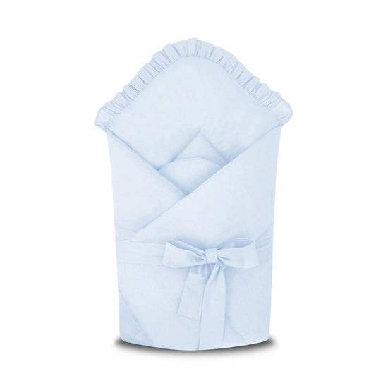 Paturica de infasat, MimiNu, Cu volanase, Cu multiple utilizari, Cu inchidere cu panglica, Dimensiune 75x75 cm, Din bumbac certificat Oeko Tex Standard 100, Colectia Royal, Blue