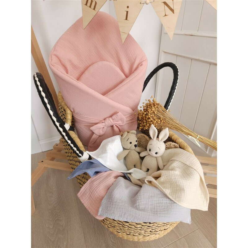 Paturica de infasat, Qmini, Din muselina dubla, Cu inchidere cu panglica, Dimensiune 75x75 cm, Din material certificat Oeko Tex Standard 100, Powder Pink