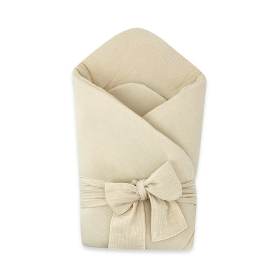Paturica de infasat, Qmini, Din muselina dubla, Cu inchidere cu panglica, Dimensiune 75x75 cm, Din material certificat Oeko Tex Standard 100, Warm Beige