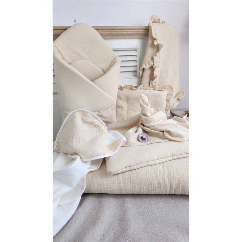 Paturica de infasat, Qmini, Din muselina dubla, Cu inchidere cu panglica, Dimensiune 75x75 cm, Din material certificat Oeko Tex Standard 100, Warm Beige