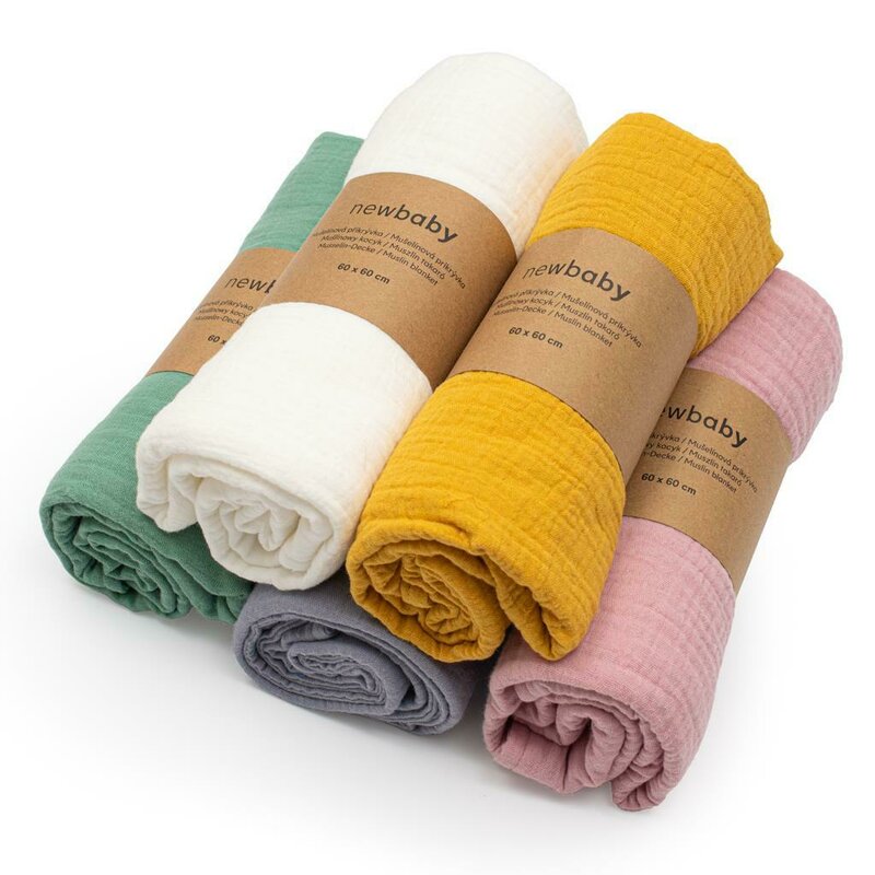 Paturica moale bebe, New Baby, Cu multiple intrebuintari, 60x60 cm, Din muselina, 100% bumbac, Mustard