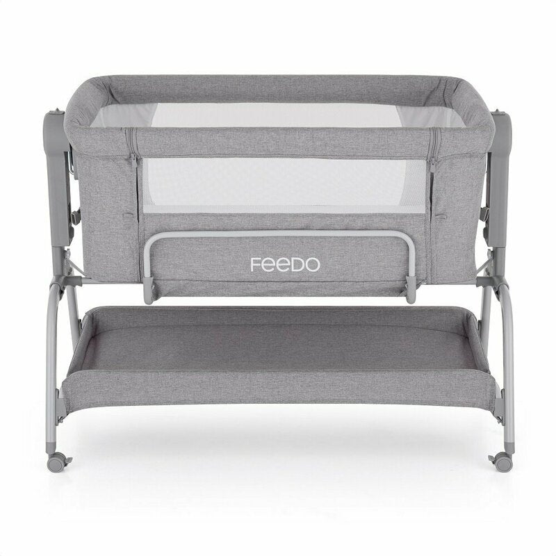 Patut co-sleeper, Feedo, Cu sistem de leganare, Inaltime adjustabila pana la 57-69 cm, sustine pana la 9 kg, 0 luni+ Gri