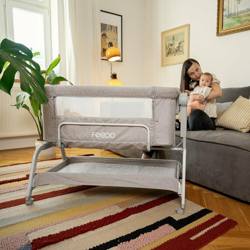 Patut co-sleeper, Feedo, Cu sistem de leganare, Inaltime adjustabila pana la 57-69 cm, sustine pana la 9 kg, 0 luni+ Gri