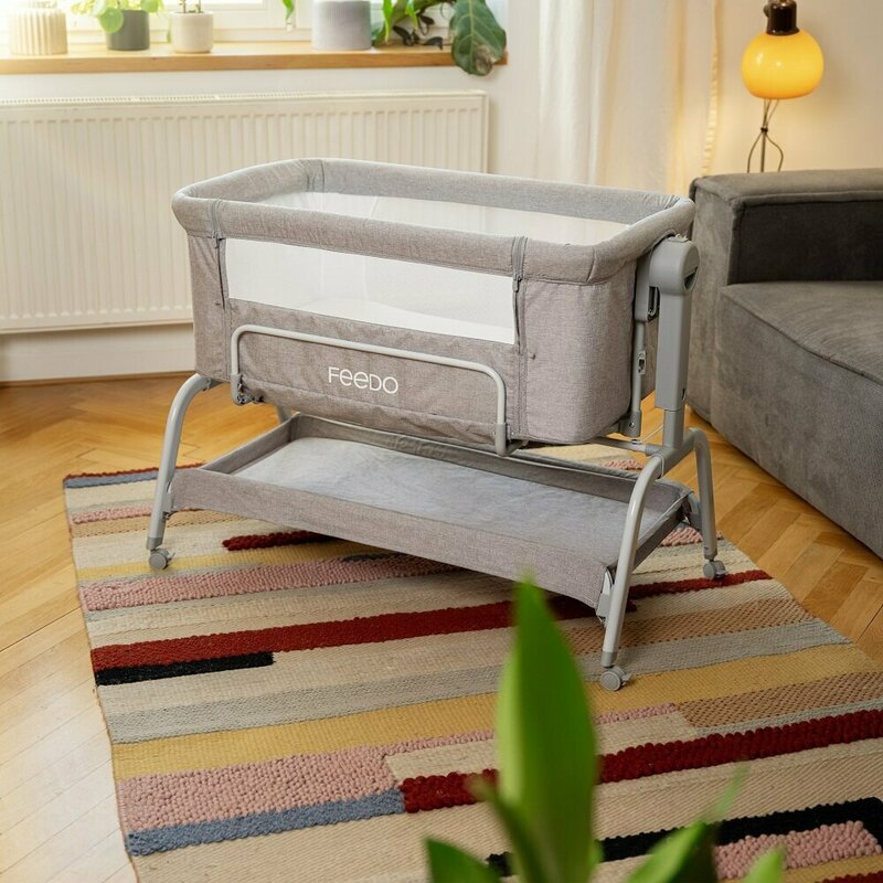 Patut co-sleeper, Feedo, Cu sistem de leganare, Inaltime adjustabila pana la 57-69 cm, sustine pana la 9 kg, 0 luni+ Gri