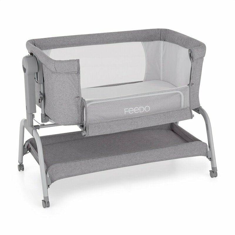 Patut co-sleeper, Feedo, Cu sistem de leganare, Inaltime adjustabila pana la 57-69 cm, sustine pana la 9 kg, 0 luni+ Gri