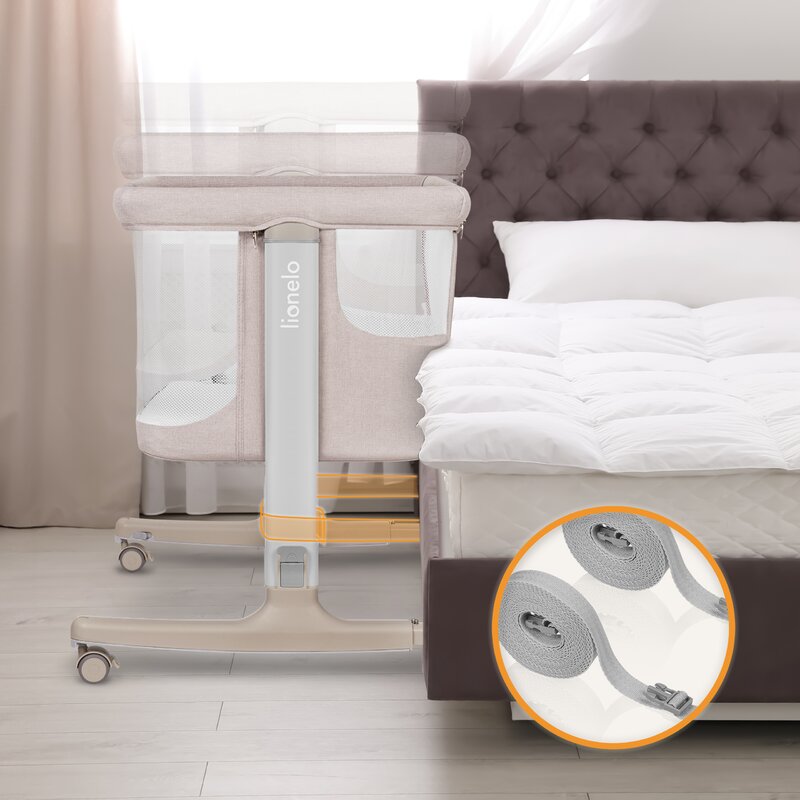 Patut co-sleeper, Lionelo, Aurora, 3 in 1, Cu leganare si setare unghiulara, Cu saltea, 0 luni+, Certificari EN 1130:2019+AC:2020, EN 16890:2, Bej