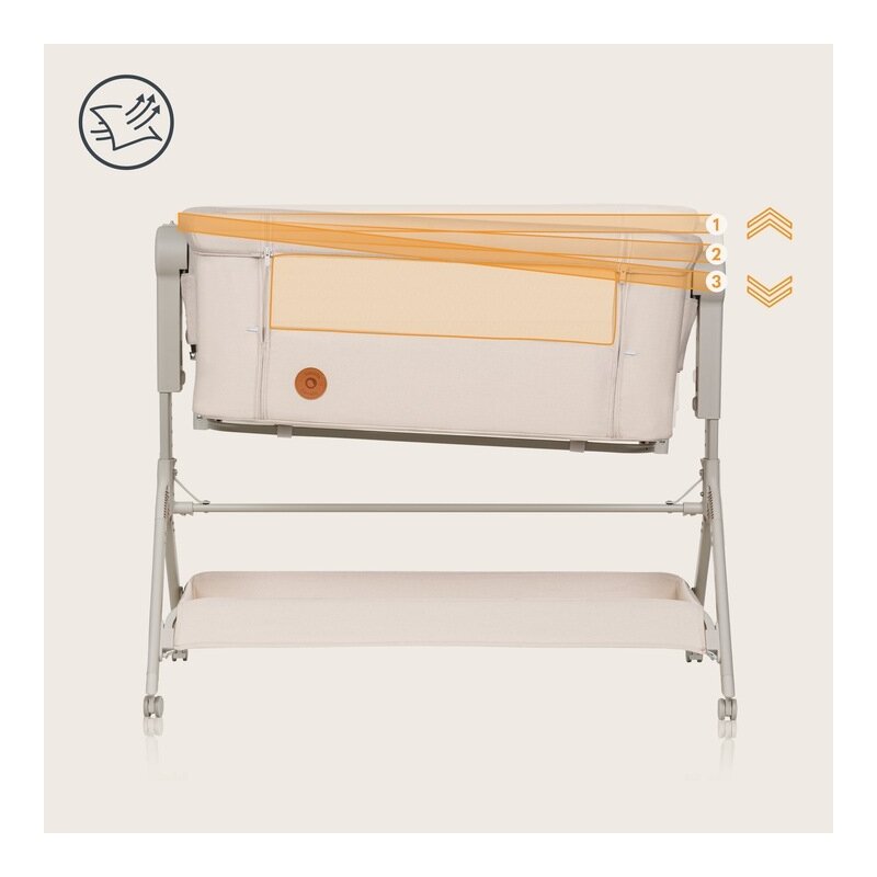 Patut co-sleeper, Lionelo, Leonie Plus, Pliabil, Cu sistem de leganare, Cu setare unghiulara, Reglabil in 6 pozitii pe inaltime, Conform cu standardele europeane de securitate EN1130 si EN16890, Bej