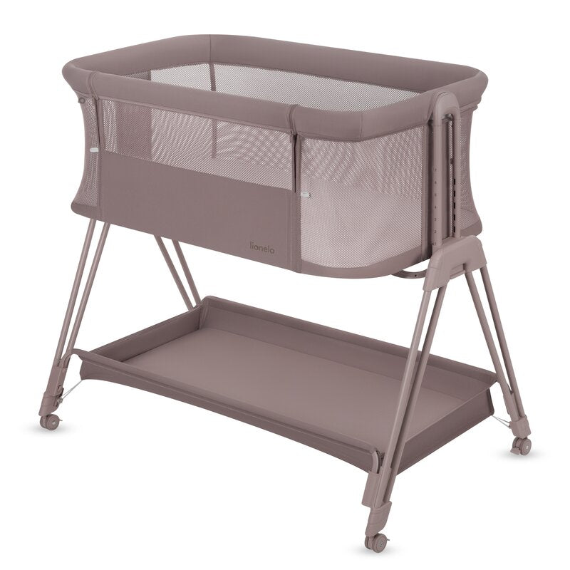 Patut co-sleeper, Lionelo, Luna, 2 in 1, Cu laterala culisanta, Cu setare unghiulara, Cu roti, Reglabil in 6 pozitii pe inaltime, Bej inchis