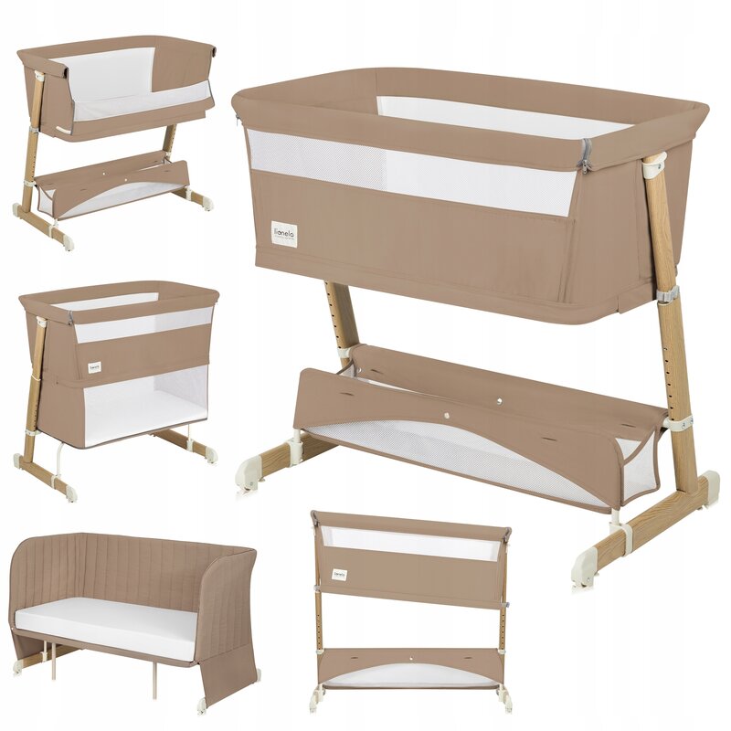Patut co-sleeper, Lionelo, Thomi Plus, 5 in 1, Multifunctional, Sustine pana la 9 kg ca patut, 15 kg tarc de joaca, 100 kg canapea, Inaltime reglabila in 7 pozitii, De la nastere pana la 4 ani, Cu 2 saltele din spuma T25, 94x70x77-93,5 cm, Maro