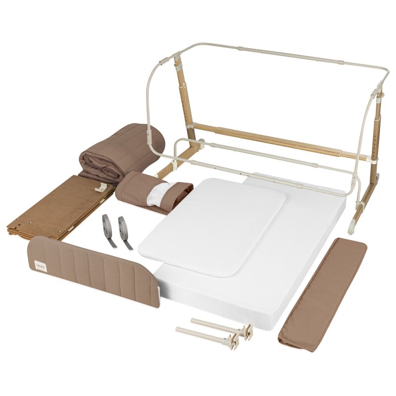 Patut co-sleeper, Lionelo, Thomi Plus, 5 in 1, Multifunctional, Sustine pana la 9 kg ca patut, 15 kg tarc de joaca, 100 kg canapea, Inaltime reglabila in 7 pozitii, De la nastere pana la 4 ani, Cu 2 saltele din spuma T25, 94x70x77-93,5 cm, Maro