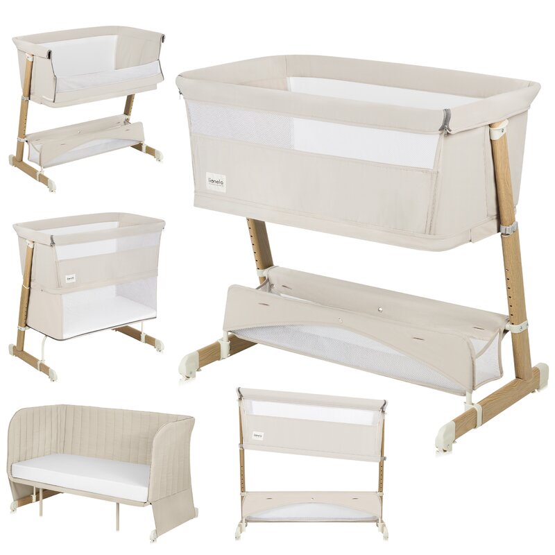 Patut co-sleeper, Lionelo, Thomi Plus, 5 in 1, Multifunctional, Sustine pana la 9 kg ca patut, 15 kg tarc de joaca, 100 kg canapea, Inaltime reglabila in 7 pozitii, De la nastere pana la 4 ani, Cu 2 saltele din spuma T25, 94x70x77-93,5 cm, Bej