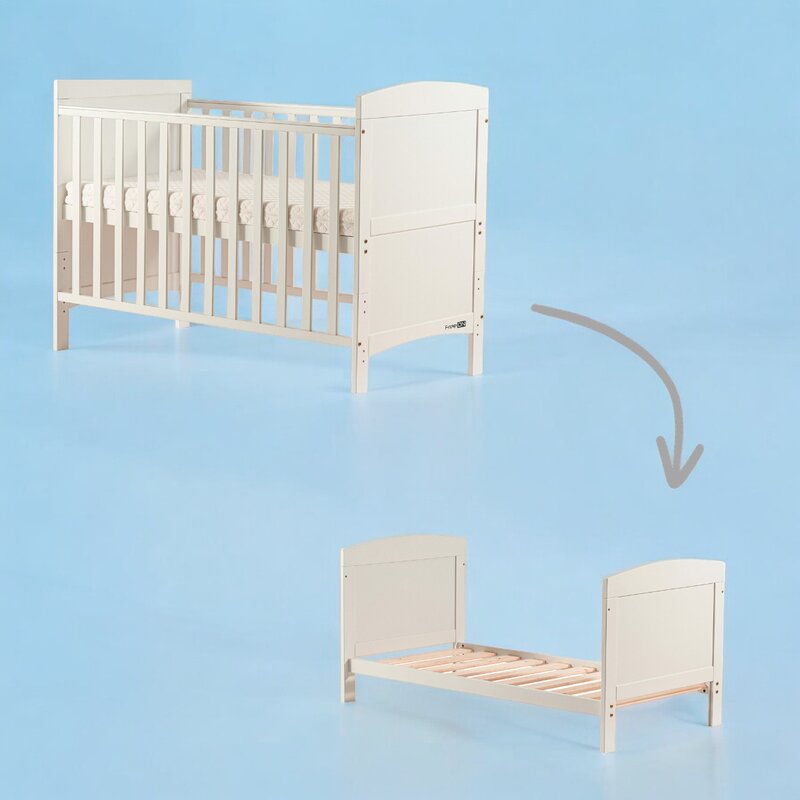 Patut din lemn bebe, 120x60 cm, Transformabil pentru bebe si junior, Din lemn de pin si mdf, Cu sina speciala pentru dentitie, Stabil si rezistent, White, FreeON, Lory